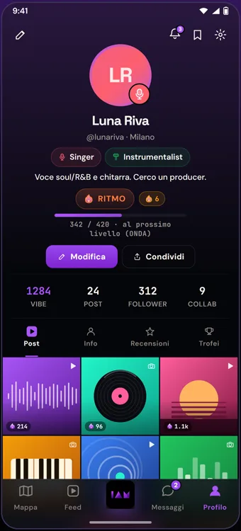 Profilo da artista nell'app I AM MUSIC: ruoli, bio, livello e schede Post, Info, Recensioni e Trofei